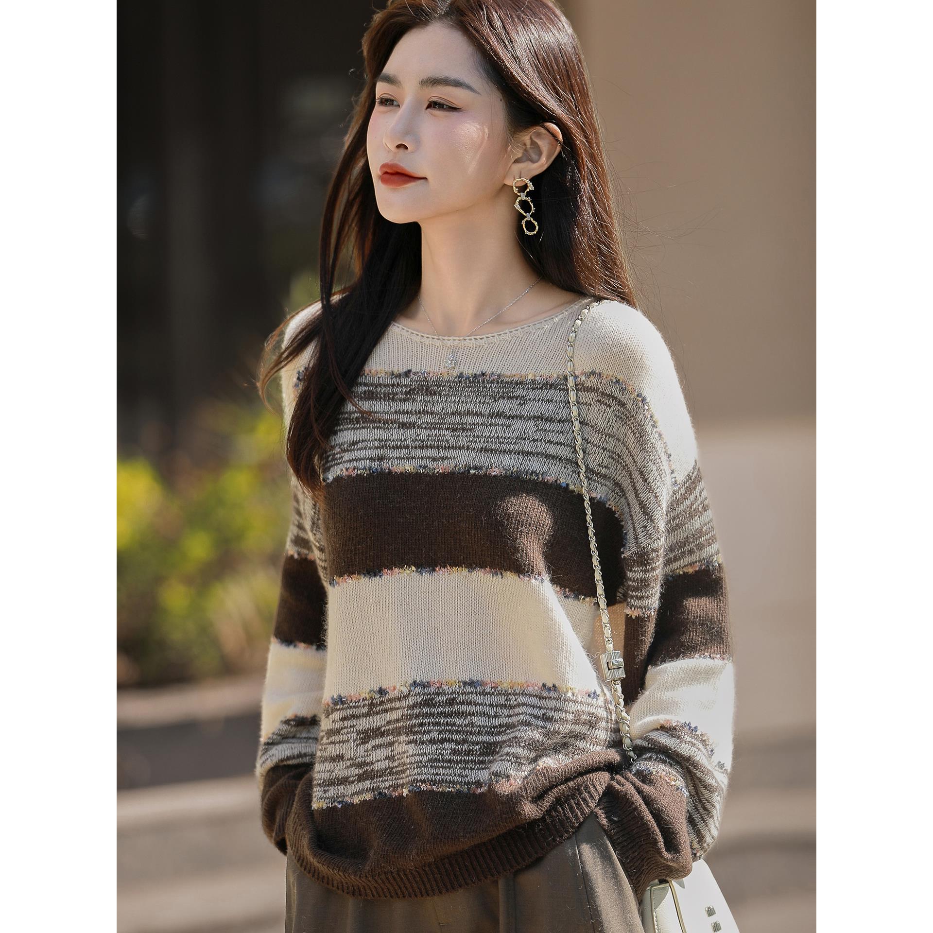 ROUMIKL法式覆古撞色条纹针织衫女2025新宽松显瘦保暖内搭外穿打