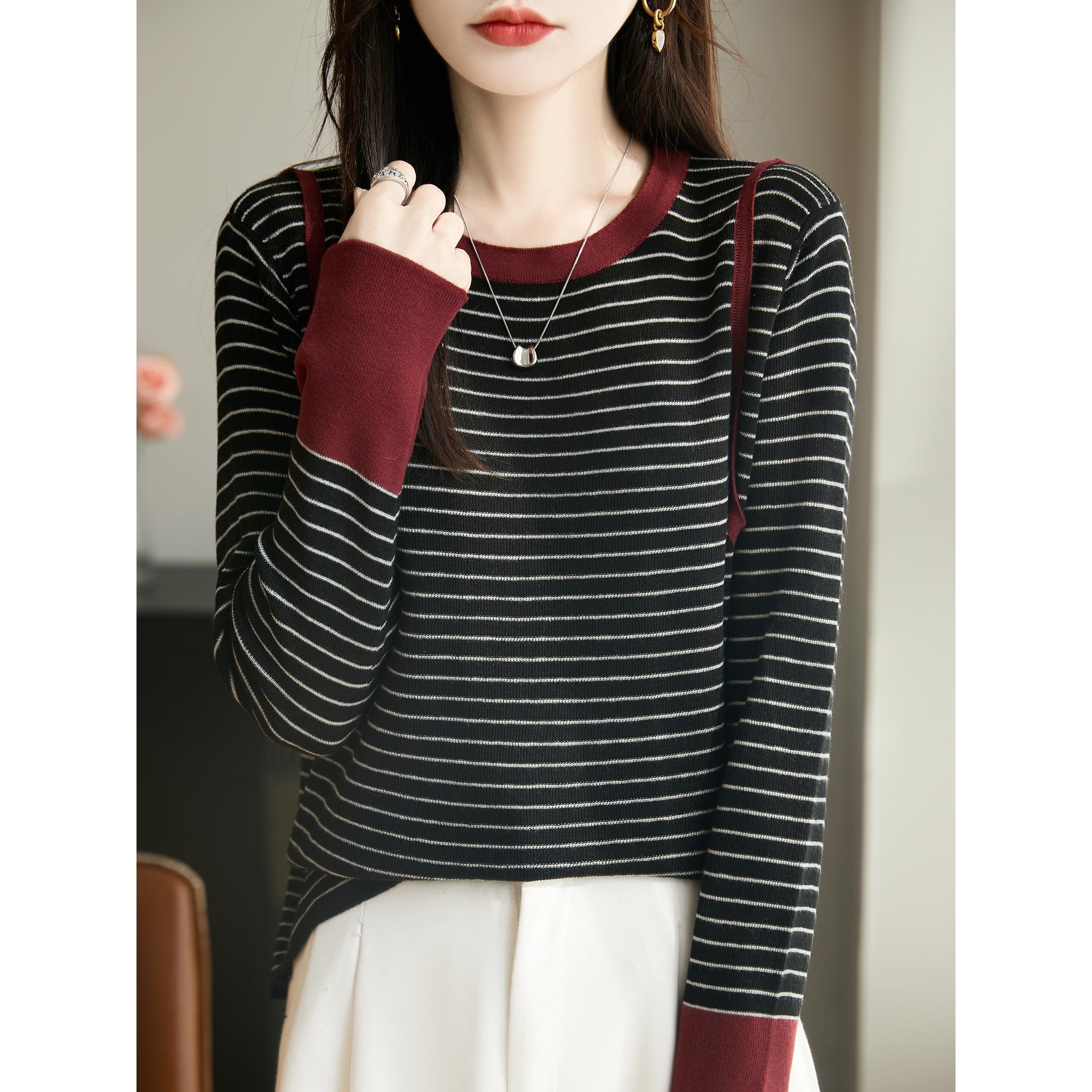 ROUMIKL法式撞色条纹精纺毛针织衫女2025新款宽松显瘦内搭保暖打