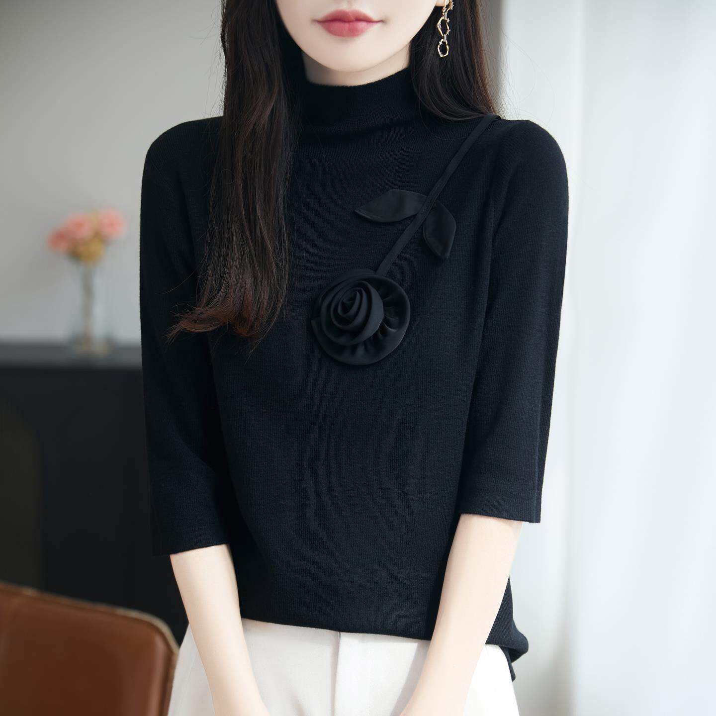 ROUMIKL法式设计感立体花朵半袖针织衫女2025新款宽松显瘦打底五