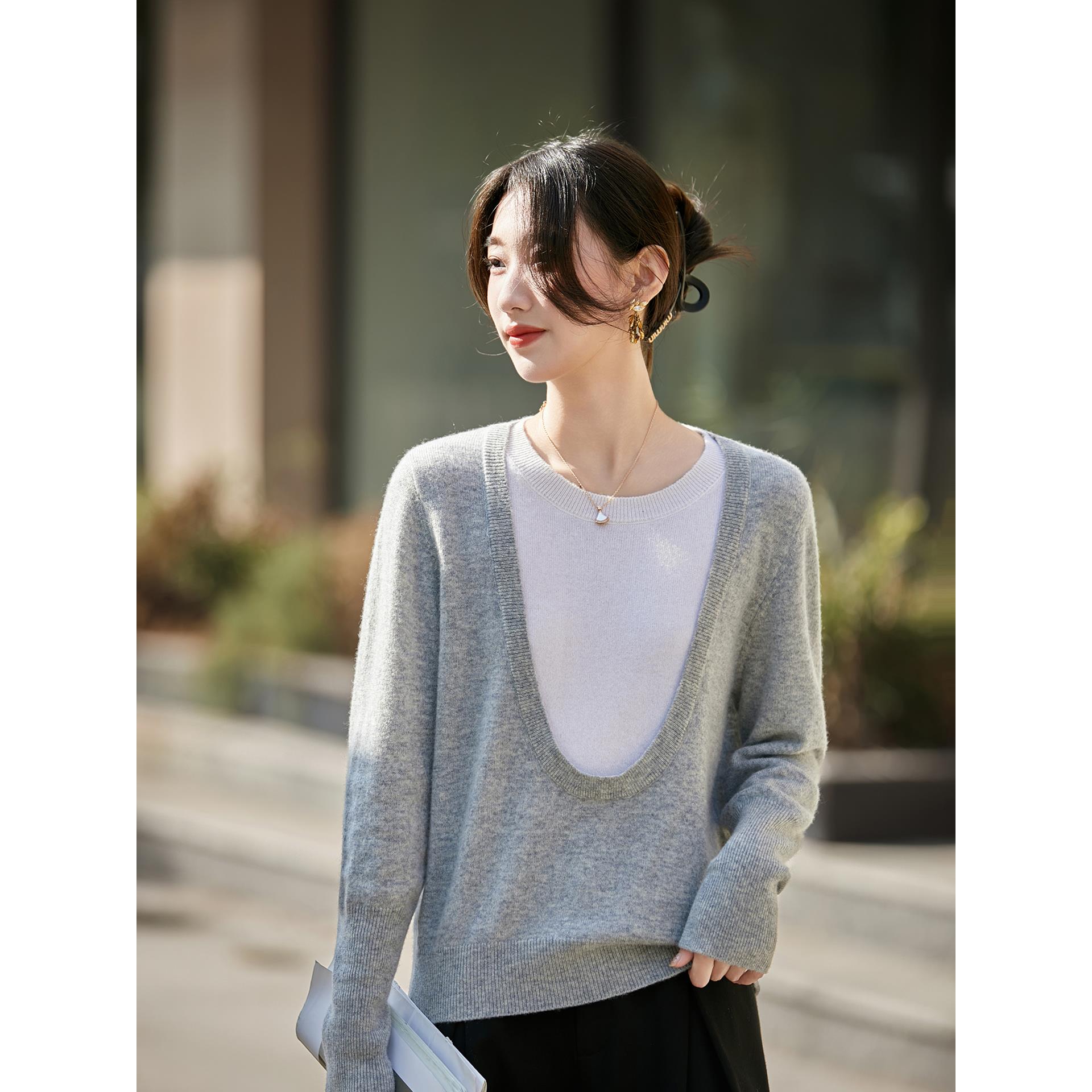 ROUMIKL法式高级感撞色假两件针织衫女2025新款时尚拼色保暖打底