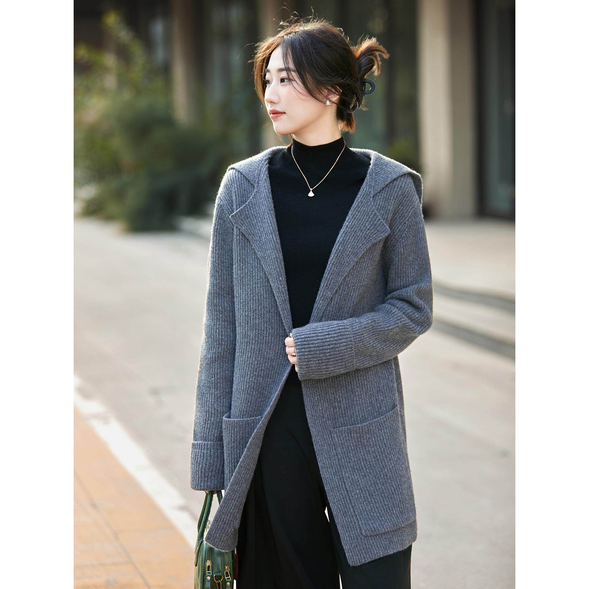 ROUMIKL高级灰中长款纯针织开衫女外套毛衣2025新款宽松保暖外搭