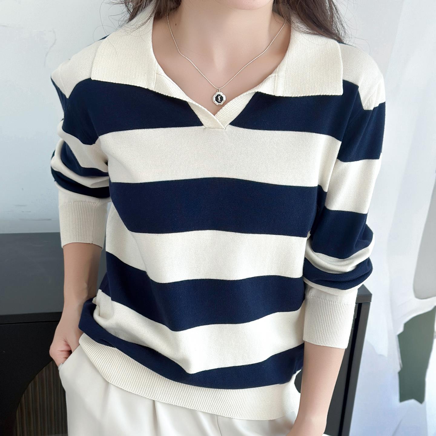 ROUMIKL法式撞色条纹100纯线POLO领针织衫女miu系毛衣2025新款气