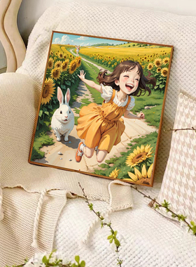 向日葵爱笑女孩治愈系可爱风装饰画卡通儿童房挂画餐厅沙发墙壁画
