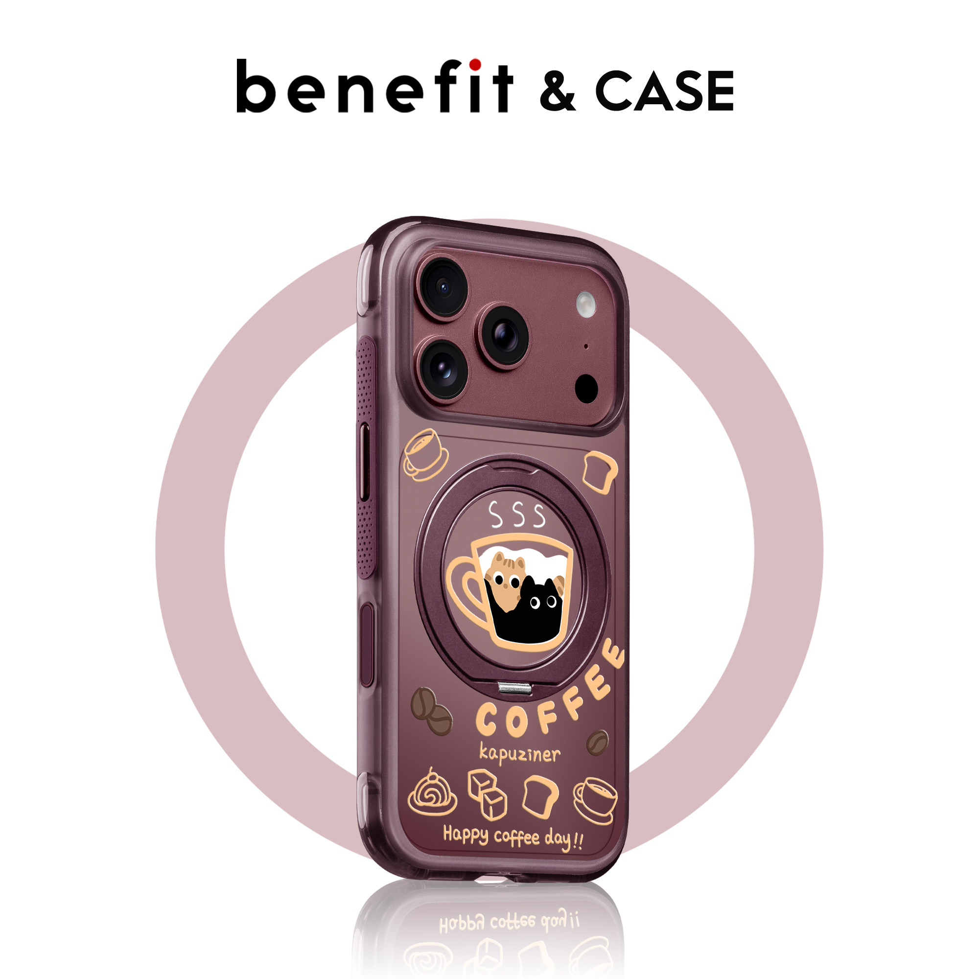 benefit勃艮第酒红简笔咖啡猫咪支点壳适用于iphone18promax手机壳磁吸旋转支架苹果17PROMAX新款15pro防摔16