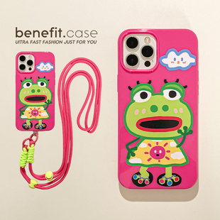 benefit趣味卡通青蛙带挂绳适用于iphone16promax苹果15PRO手机壳13新款 14套12创意11软壳xsmax硅胶xr防摔8p7