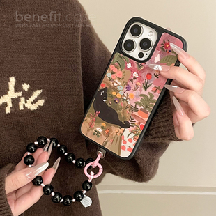 benefit艺术绘画花房猫咪带黑色串珠手链17适用于iphone16promax苹果15PRO磁吸手机壳13新款 14套12冰川纹防摔