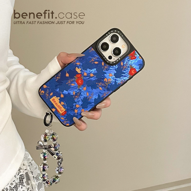 benefit油画满屏蓝色碎花带蝴蝶结串珠手链18pro17适用于iphone16promax苹果15PRO磁吸手机壳13新款14防摔12