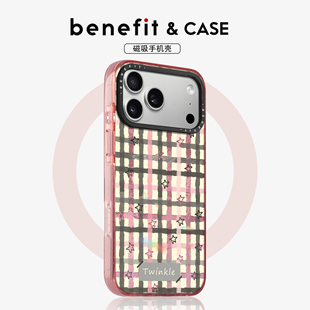 benefit日韩黑红格纹星星适用于iphone17promax苹果16PRO晶盾磁吸手机壳15新款 13套14冰川纹12防摔彩色边框