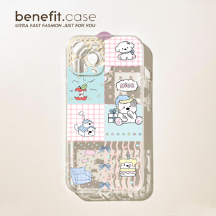 benefit可爱拼接格纹狗狗17适用于iphone16promax苹果15PRO手机壳13新款 14套12创意11透明xsmax硅胶xr防摔8p