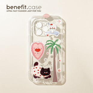 benefit涂鸦小众椰树猫咪17适用于iphone16promax苹果15PRO手机壳13新款 14套12创意11透明xsmax硅胶xr防摔8p