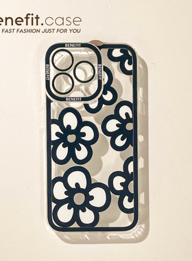 Benefit韩风ins小众黑色小花17pro16适用15苹果13promax手机壳iphone12mini防摔14promax新11xs简约xr透明8p