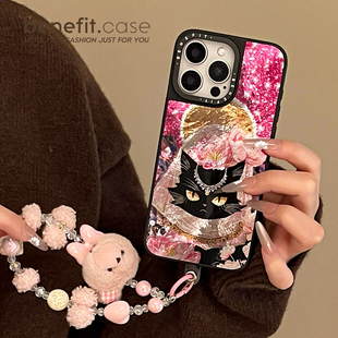 benefit复古风甜酷异域黑猫带小熊手链17适用于iphone16promax苹果15PRO磁吸手机壳13新款 14套12冰川纹防摔