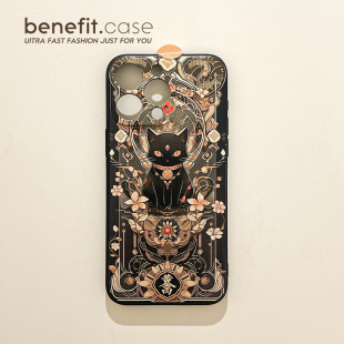 benefit黑金色调炫酷招财猫17适用于iphone16promax苹果15PRO手机壳13新款 14套12创意11全包xsmax硅胶xr防摔