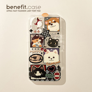benefit可爱复古猫狗插画17适用于iphone16promax苹果15PRO手机壳13新款 14套12创意11透明xsmax硅胶xr防摔8p