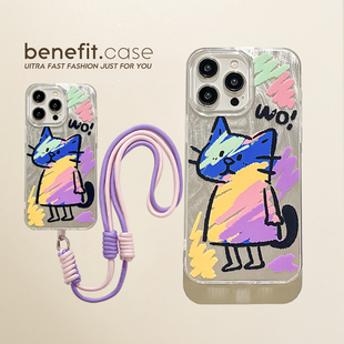 benefit彩色涂鸦猫带挂绳适用于iphone16promax苹果15PRO手机壳13新款 14套12创意11羽纱xsmax硅胶xr防摔8plus