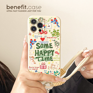 benefit英文快乐时光带挂绳适用于iphone16promax苹果15PRO手机壳13新款 14套12创意11软壳xsmax硅胶xr防摔8p7