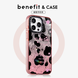 benefit粉色英文草莓星星脆17适用于iphone16promax苹果15PRO晶盾磁吸手机壳13新款 14套12冰川纹防摔彩色边框