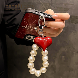 benefit创意手机壳挂件链条吊坠ins风仙女风水晶韩风少女手链红色爱心白珍珠防摔手腕带适用所有手机型号