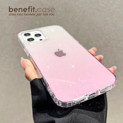 Benefit透明简约ins高级闪粉渐变粉适用15苹果13mini手机壳iphone12promax保护套11新款网红时尚梦幻防摔硅胶