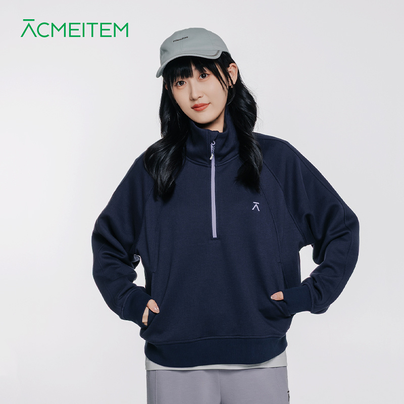 ACMEITEM爱棵米 户外休闲立领针织套头卫衣半拉链宽松长袖上衣女