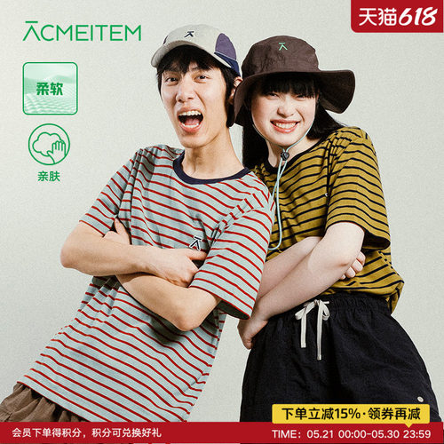 ACMEITEM爱棵米 户外情侣条纹针织短袖棉感合体圆领T恤上衣男女