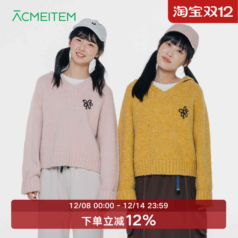 ACMEITEM爱棵米 秋冬女士花朵元气连帽针织毛衫休闲宽松毛衣上衣