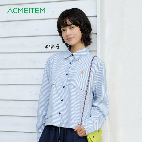 ACMEITEM爱棵米 户外运动条纹衬衫短款休闲通勤学院风长袖开衫女