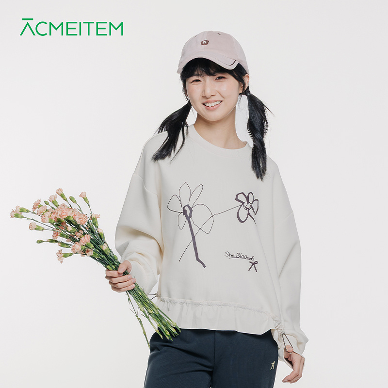 ACMEITEM爱棵米 户外花朵印花卫衣圆领拼接长袖休闲宽松上衣女