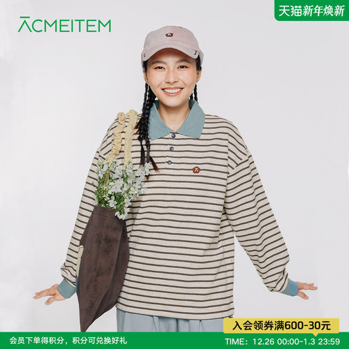 ACMEITEM爱棵米 亲子城市户外条纹POLO衫长袖休闲宽松百搭上衣女