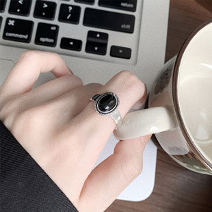 黑玛瑙戒指纯银开口绳边轻奢个性复古手工小众设计高级感中古饰品