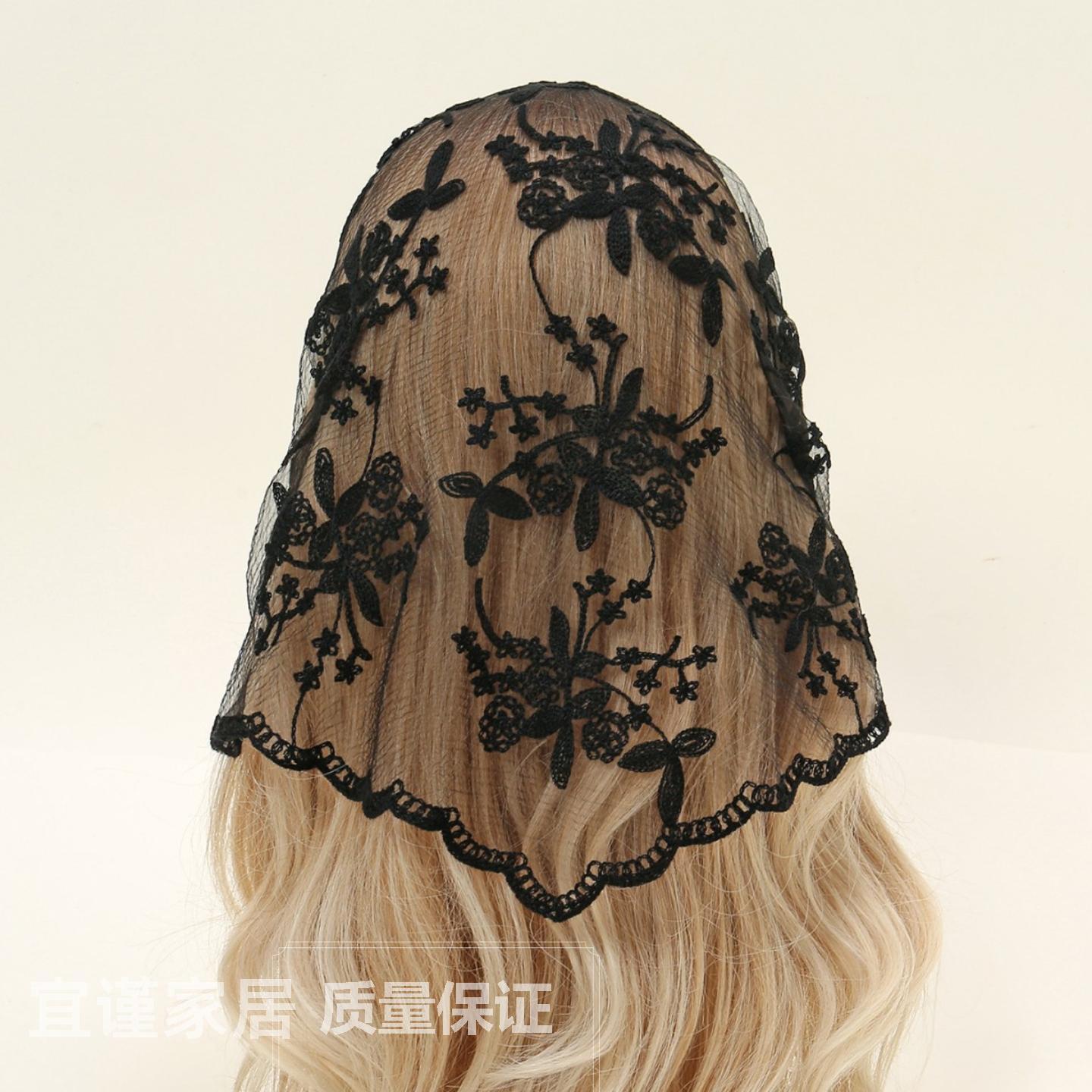 新娘头饰花卉蕾丝巾春款黑白纯色头纱婚礼花边盖头女