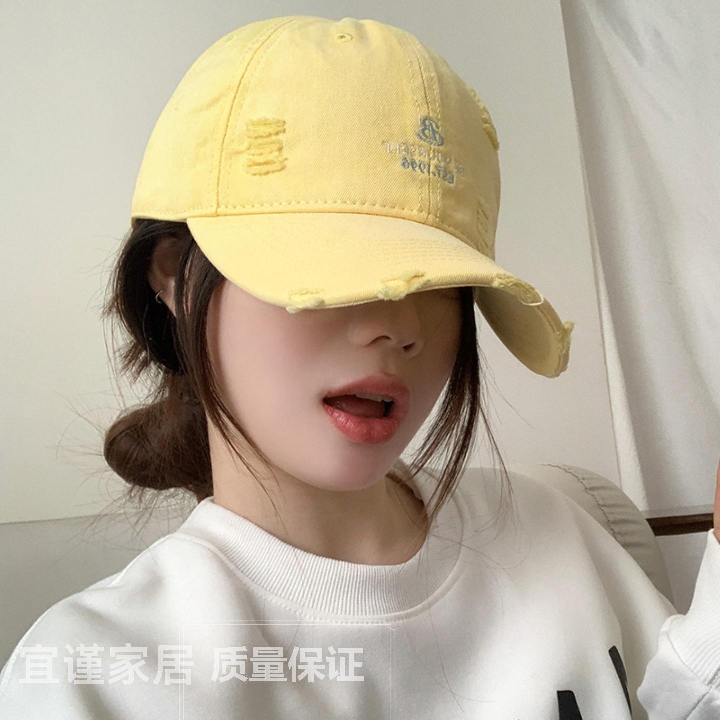 韩版字母刺绣黄色棒球帽女春夏简约百搭显脸小软顶鸭舌帽情侣同款