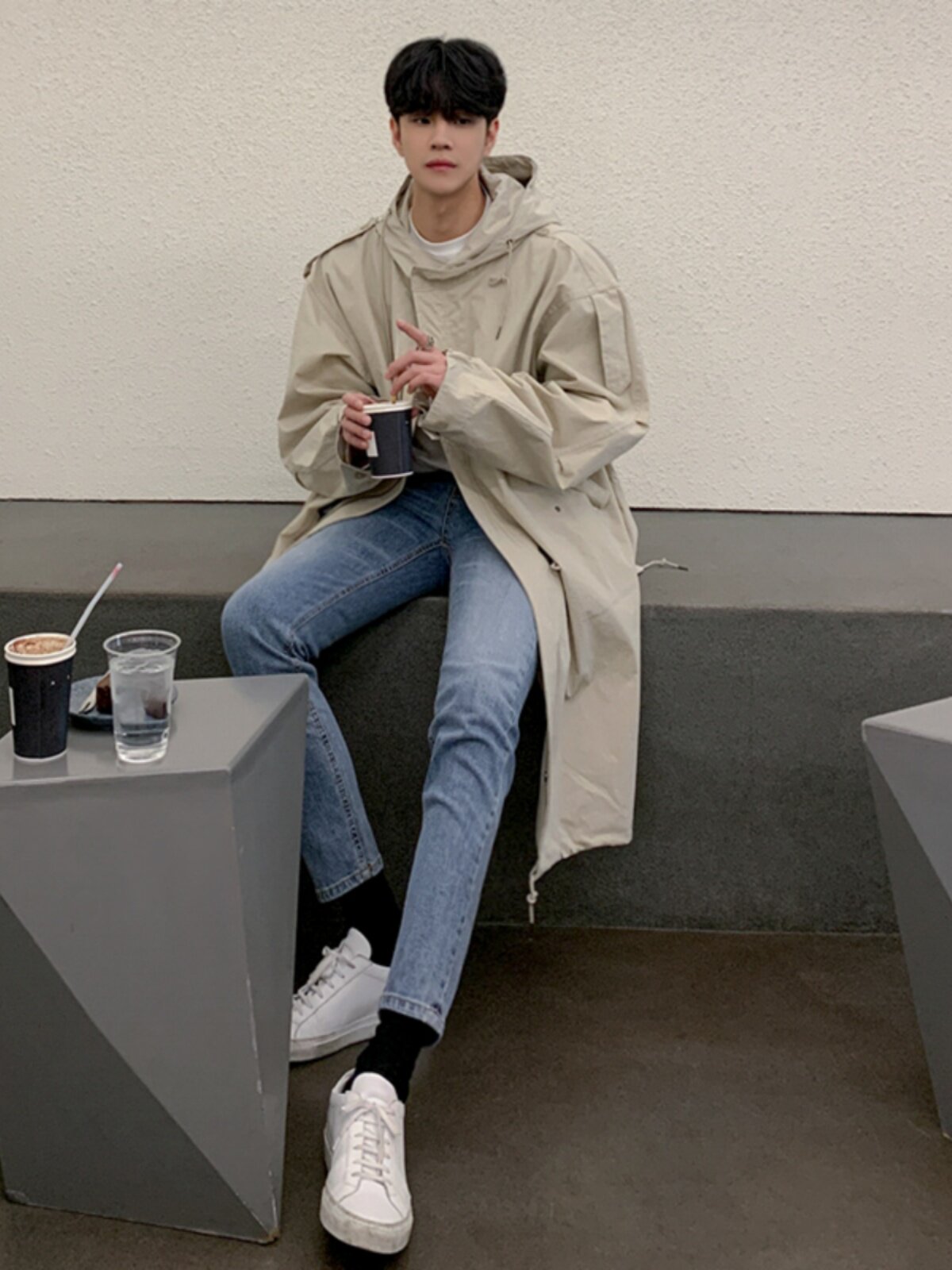 IT INS TRENDY KOREAN VERSION HOODED JACKET MENS AUTUMN AND WINTER JACKET FLEECE DRAWSTRING AND SLIT MIDI COAT