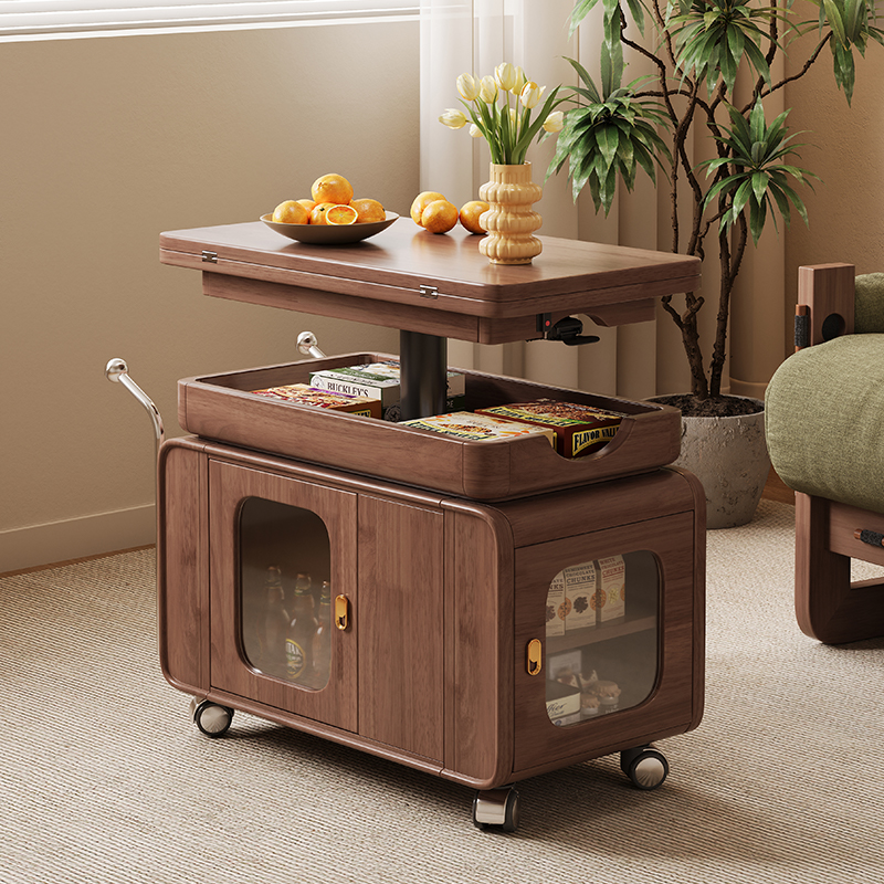 实木折叠茶几可升降小户型客厅家用沙发边柜中古可移动小推车边几