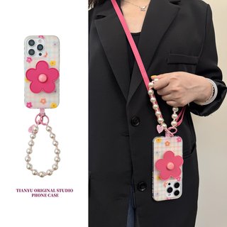 恬妤 夏天新款彩色格纹花朵支架适用于苹果16pro手机壳iphone14珍珠手链15promax甜美16斜挎13pro文艺手拎15