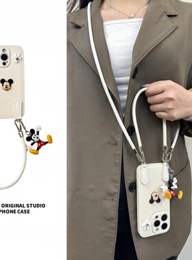恬妤 卡通立体咪奇挂件适用于iphone16手机壳苹果14promax白色皮纹15可爱13pro公仔8p/11简约12mini斜挎plus