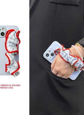 恬妤 清新蓝色格子手腕带适用于iphone16plus手机壳苹果13皮质15promax小众时尚11/xr斜挎14mini手提防丢12p