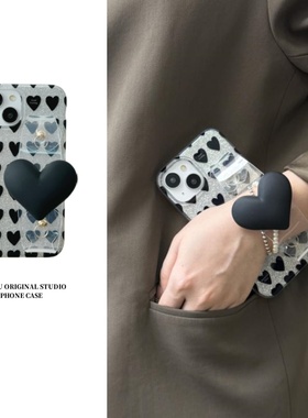 恬妤 暗黑风黑色大爱心透明腕带适用于苹果15pro手机壳iPhone14pro闪粉13pro可背带12pormax斜挎11侧背15pm