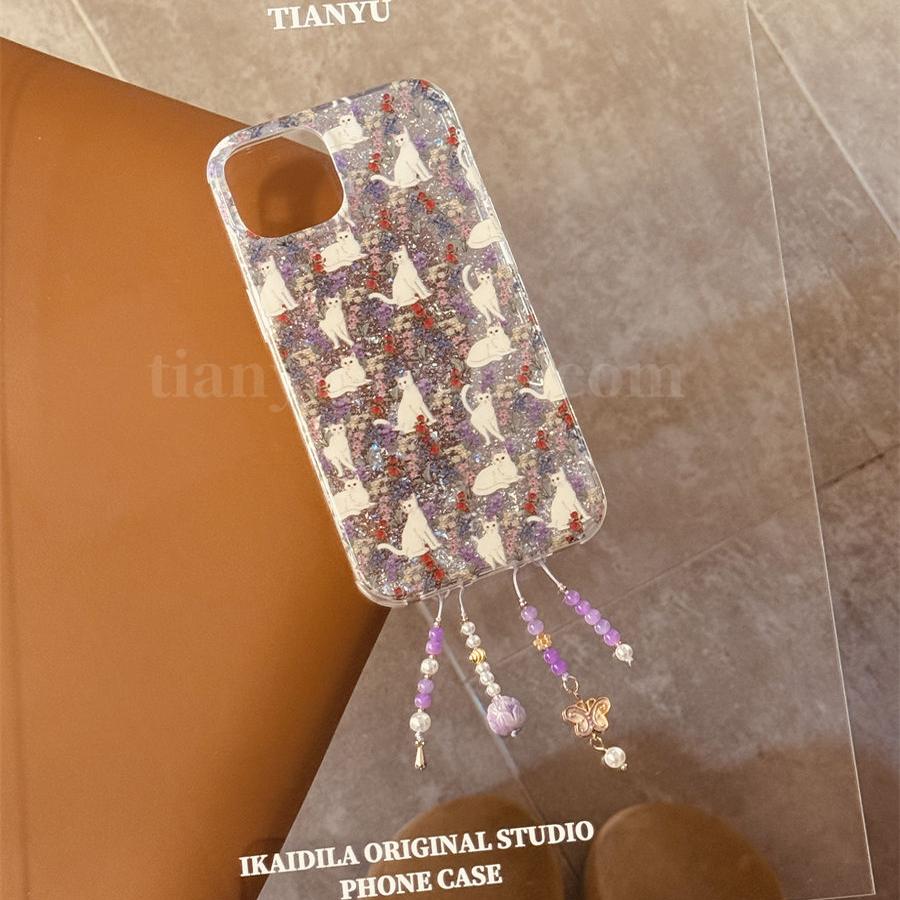 恬妤 清新碎花薰衣草小猫适用于苹果16promax手机壳iphone14春天唯美15pro闪粉15蝴蝶流苏挂件13por新款16女