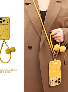 恬妤 田园风文艺黄色樱桃碎花适用于iphone17pro手机壳苹果16小众14pro蝴蝶结挂绳17斜挎15promax秋冬13pro女