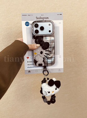 恬妤 甜酷风黑色闪钻立体kt猫蝴蝶结适用于iphone17pro手机壳苹果17韩系16promax斜挎15公仔手链13小众14pro