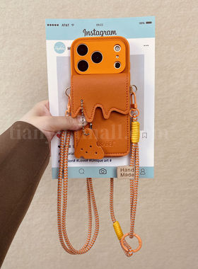 恬妤 高级感小众橙色奶酪卡包适用于iphone17promax手机壳苹果16plus个性11皮质13pro斜挎12小众新款air挂脖