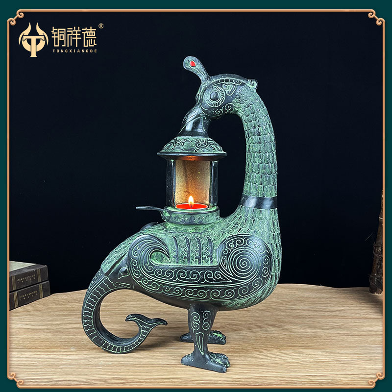 古青铜器摆件 凤鸟灯铜工艺品摆件客厅装饰古玩汉婚庆道具礼品