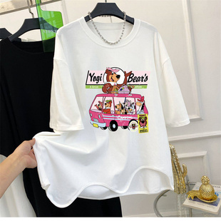 遮肉上衣 T恤女夏季 胖妹妹大码 200斤减龄卡通图案印花下摆弧形短袖