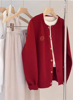 特大码300斤新年战袍龙图案刺绣本命年红色针织开衫女胖MM外套240