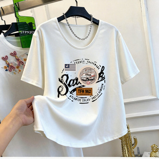 T恤女夏宽松显瘦上衣 图案印花休闲u型领短袖 胖妹妹大码 200斤美式