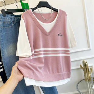 特大码 假两件拼接针织T恤女夏胖MM减龄上衣 300斤小众设计撞色大版