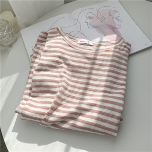 女2023年新款 特大码 打底衫 条纹撞色长袖 宽松圆领上衣t恤 300斤韩版