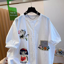 胖妹妹大码200斤洋气刺绣大版灯笼袖衬衫女夏季新款宽松短袖上衣