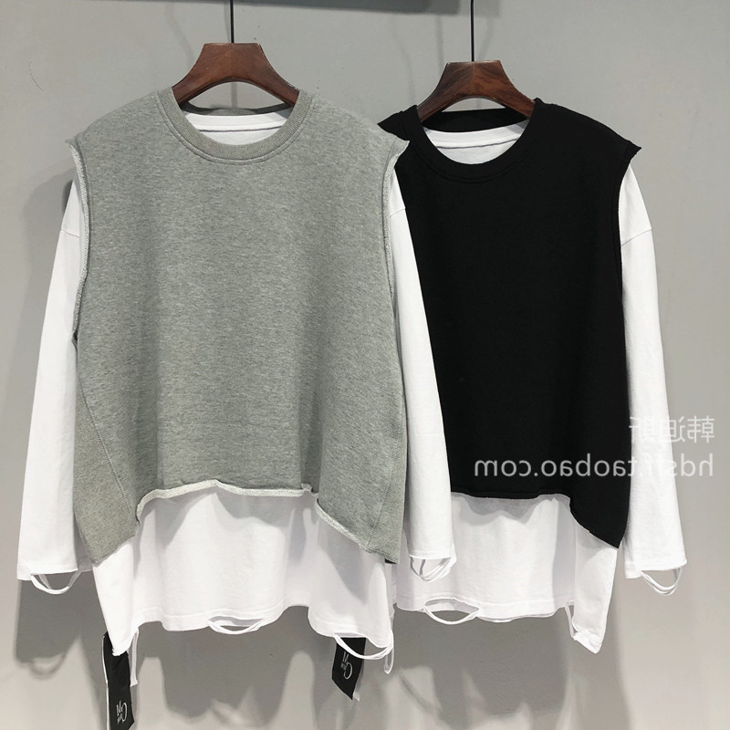 特大码300斤卫衣马甲破洞打底T恤